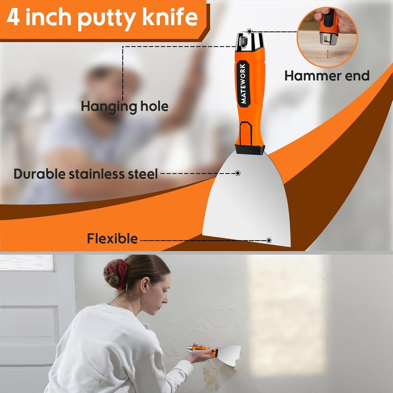 Matework 4 Inches Spackle Knife Tools, Putty Scraper, Ergonomic Grip Tapping With Hammer End for Drywall Work - Image 1
